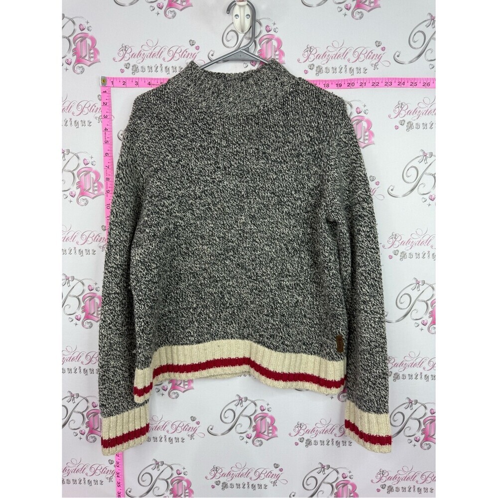 Roots cabin sweater Marled Gray Crewneck Sweater Contrast Stripe Hem wool knit